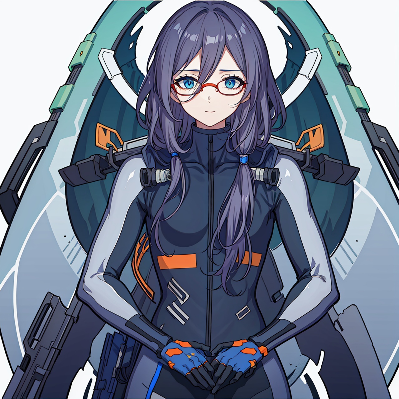  (masterpiece:1.3),(the best quality:1.2),(super fine illustrations:1.2),(Masterpiece),high quality,high detail,(white background:1.2),looking at viewer,(SOLO:1.4),outline,simplebackground,, blue eyes,hair between eyes,bodysuit,fu hua,helmet,black tight-fitting,leather suit,orenge pattern on body,black gloves,black boots,latex,orenge pattern,plugsuit,jewelry,glasses,