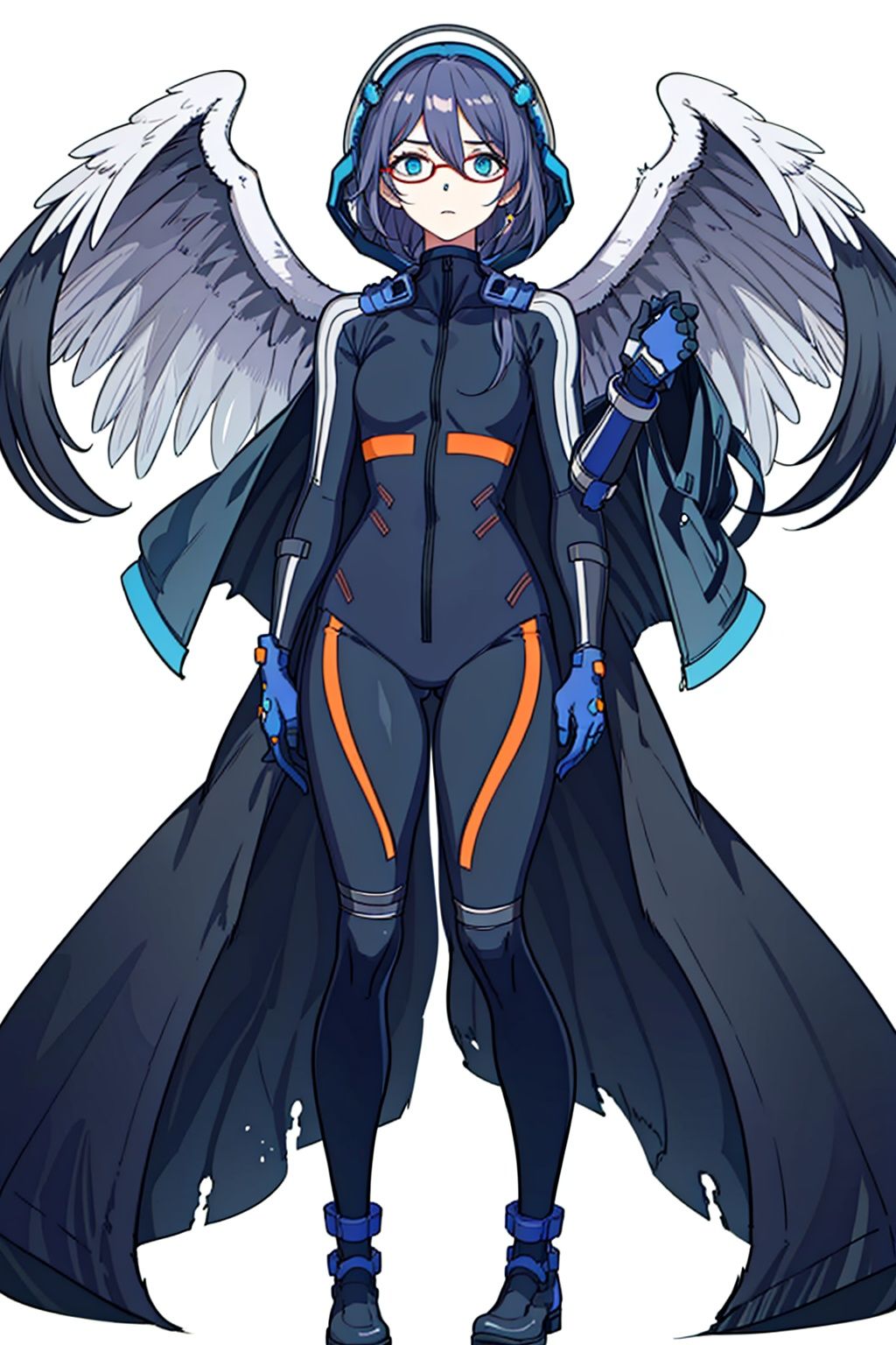 (masterpiece:1.3),(the best quality:1.2),(super fine illustrations:1.2),(Masterpiece),high quality,high detail,(white background:1.2),looking at viewer,(SOLO:1.4),outline,simple background,<lora:符华-圣痕之谜-深水服:0.8>, blue eyes,hair between eyes,bodysuit,fu hua,helmet,black tight-fitting,leather suit,orenge pattern on body,black gloves,black boots,latex,orenge pattern,plugsuit,jewelry,glasses,