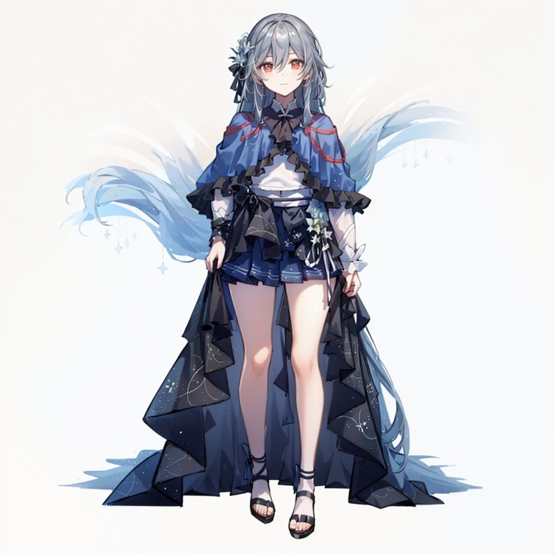(masterpiece:1.3),(the best quality:1.2),(super fine illustrations:1.2),(Masterpiece),high quality,high detail,(white background:1.2),looking at viewer,(SOLO:1.4),outline,simplebackground,, pleated skirt,high heels,red eyes,hair ornament,capelet,very long hair,skirt,long sleeves,hair between eyes,grey hair,bow,black skirt,bangs,long hair,
