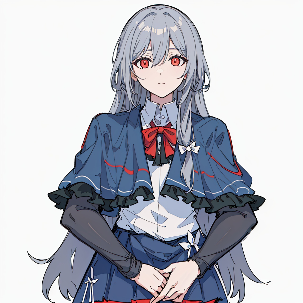  (masterpiece:1.3),(the best quality:1.2),(super fine illustrations:1.2),(Masterpiece),high quality,high detail,(white background:1.2),looking at viewer,(SOLO:1.4),outline,simplebackground,, pleated skirt,high heels,red eyes,hair ornament,capelet,very long hair,skirt,long sleeves,hair between eyes,grey hair,bow,black skirt,bangs,long hair,