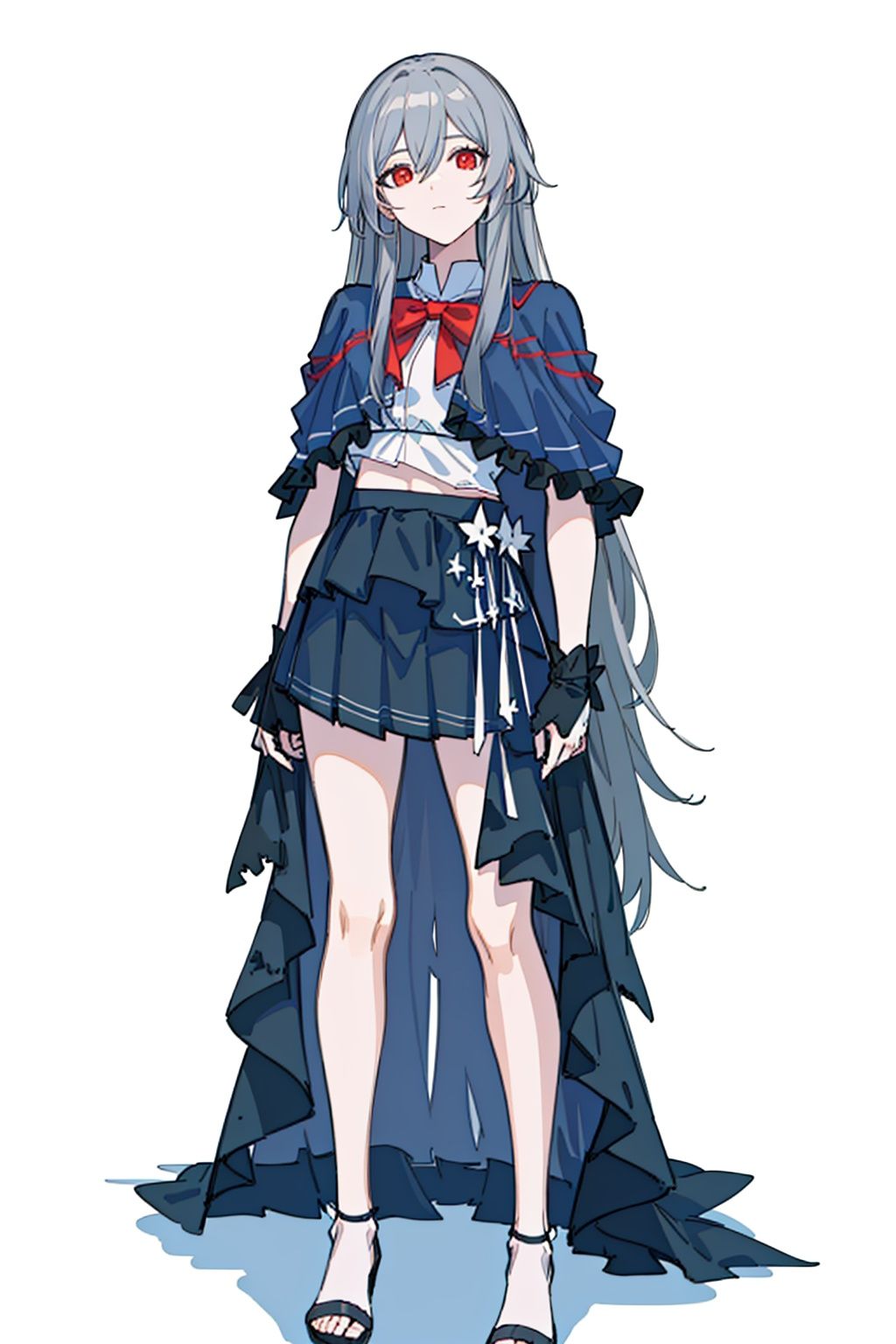 (masterpiece:1.3),(the best quality:1.2),(super fine illustrations:1.2),(Masterpiece),high quality,high detail,(white background:1.2),looking at viewer,(SOLO:1.4),outline,simple background,<lora:阿识-6周年:0.8>, pleated skirt,high heels,red eyes,hair ornament,capelet,very long hair,skirt,long sleeves,hair between eyes,grey hair,bow,black skirt,bangs,long hair,
