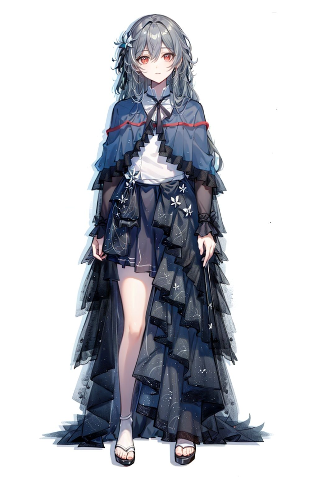 (masterpiece:1.3),(the best quality:1.2),(super fine illustrations:1.2),(Masterpiece),high quality,high detail,(white background:1.2),looking at viewer,(SOLO:1.4),outline,simplebackground,, pleated skirt,high heels,red eyes,hair ornament,capelet,very long hair,skirt,long sleeves,hair between eyes,grey hair,bow,black skirt,bangs,long hair,