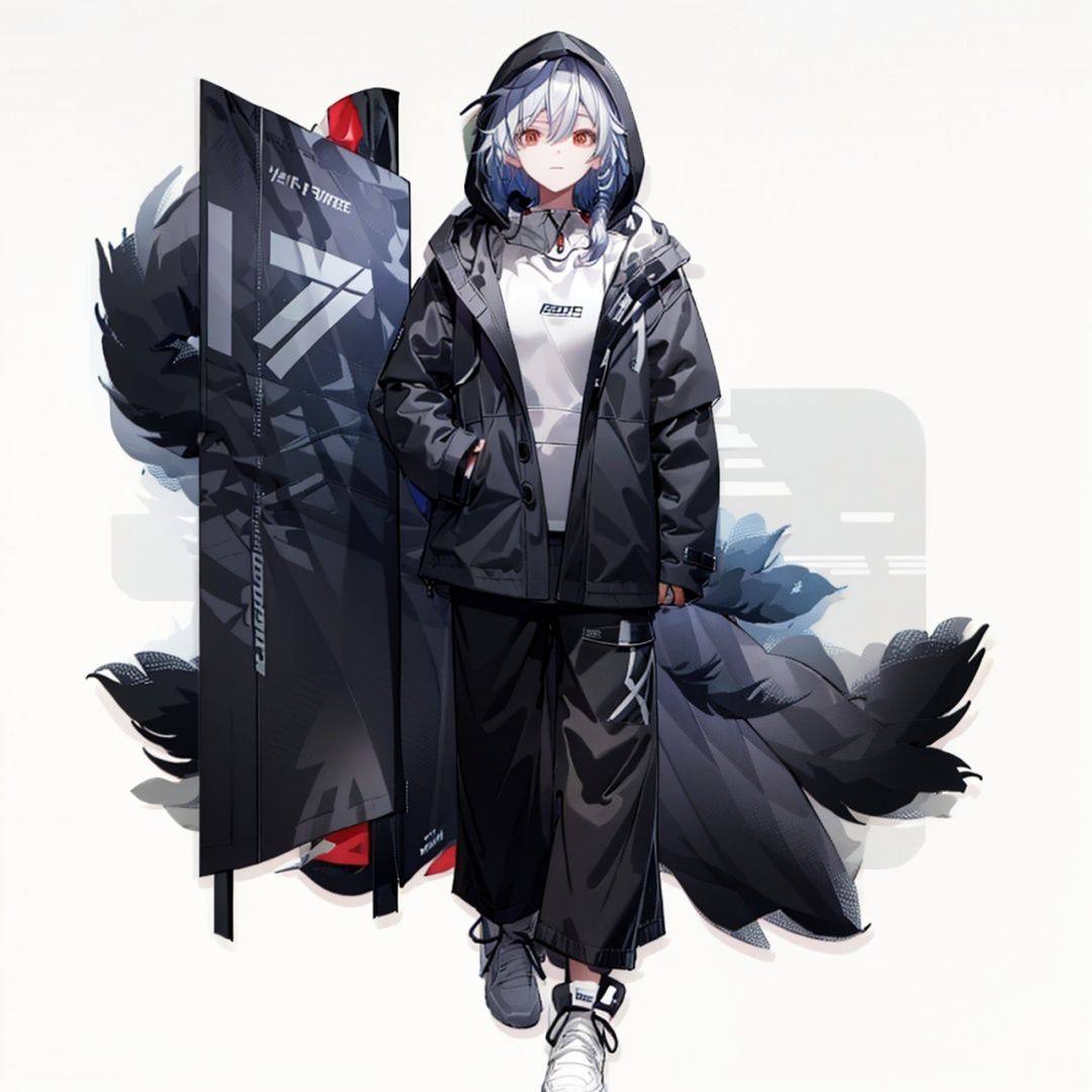 (masterpiece:1.3),(the best quality:1.2),(super fine illustrations:1.2),(Masterpiece),high quality,high detail,(white background:1.2),looking at viewer,(SOLO:1.4),outline,simplebackground,, red eyes,white hair,multicolored hair,black feathers,jacket,white shirt,hood up,black headwear,sleeves past wrists,baseball cap,clothes writing,white footwear,sneakers,long hair,shoes,long sleeves,streaked hair,open jacket,open clothes,black pants,hoodie,hooded jacket,hood,hair between eyes,