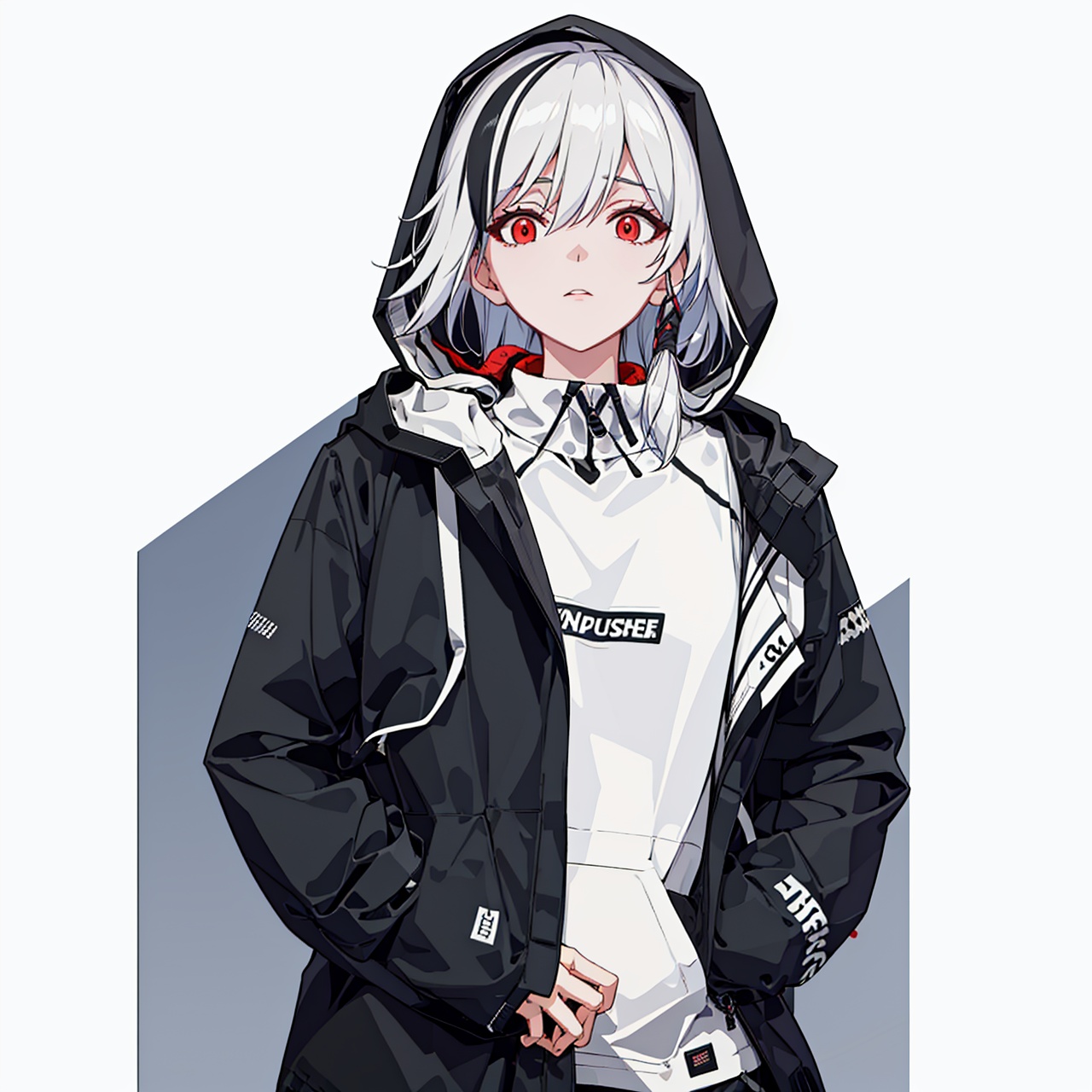  (masterpiece:1.3),(the best quality:1.2),(super fine illustrations:1.2),(Masterpiece),high quality,high detail,(white background:1.2),looking at viewer,(SOLO:1.4),outline,simplebackground,, red eyes,white hair,multicolored hair,black feathers,jacket,white shirt,hood up,black headwear,sleeves past wrists,baseball cap,clothes writing,white footwear,sneakers,long hair,shoes,long sleeves,streaked hair,open jacket,open clothes,black pants,hoodie,hooded jacket,hood,hair between eyes,