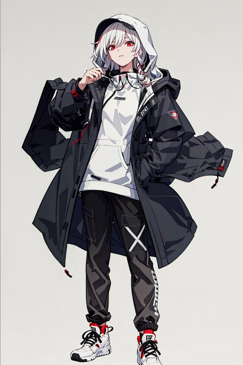 (masterpiece:1.3),(the best quality:1.2),(super fine illustrations:1.2),(Masterpiece),high quality,high detail,(white background:1.2),looking at viewer,(SOLO:1.4),outline,simple background,<lora:阿识-连帽:0.8>, red eyes,white hair,multicolored hair,black feathers,jacket,white shirt,hood up,black headwear,sleeves past wrists,baseball cap,clothes writing,white footwear,sneakers,long hair,shoes,long sleeves,streaked hair,open jacket,open clothes,black pants,hoodie,hooded jacket,hood,hair between eyes,