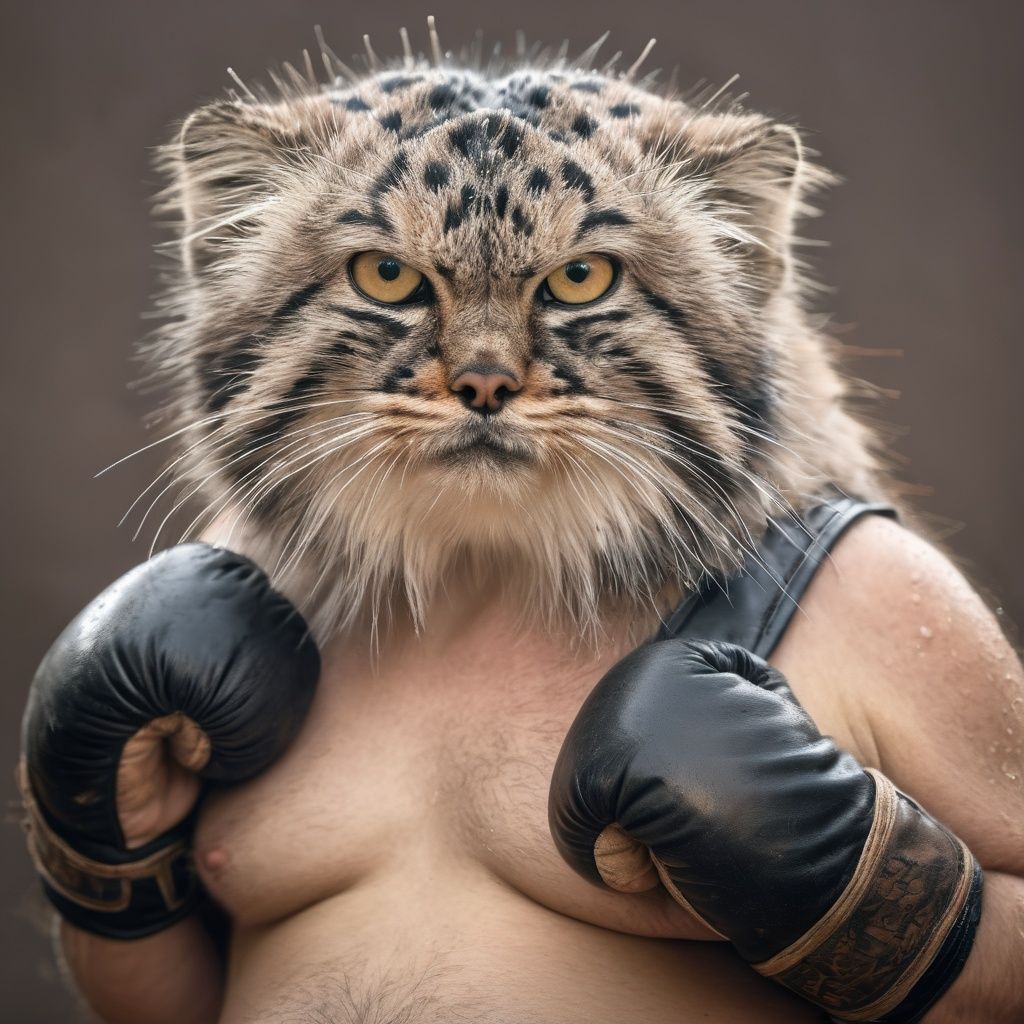 portrait of a chubby Pallas's cat as a Boxer,  In vintage boxing gloves and a sweat-soaked **** top,  he displays a fierce...