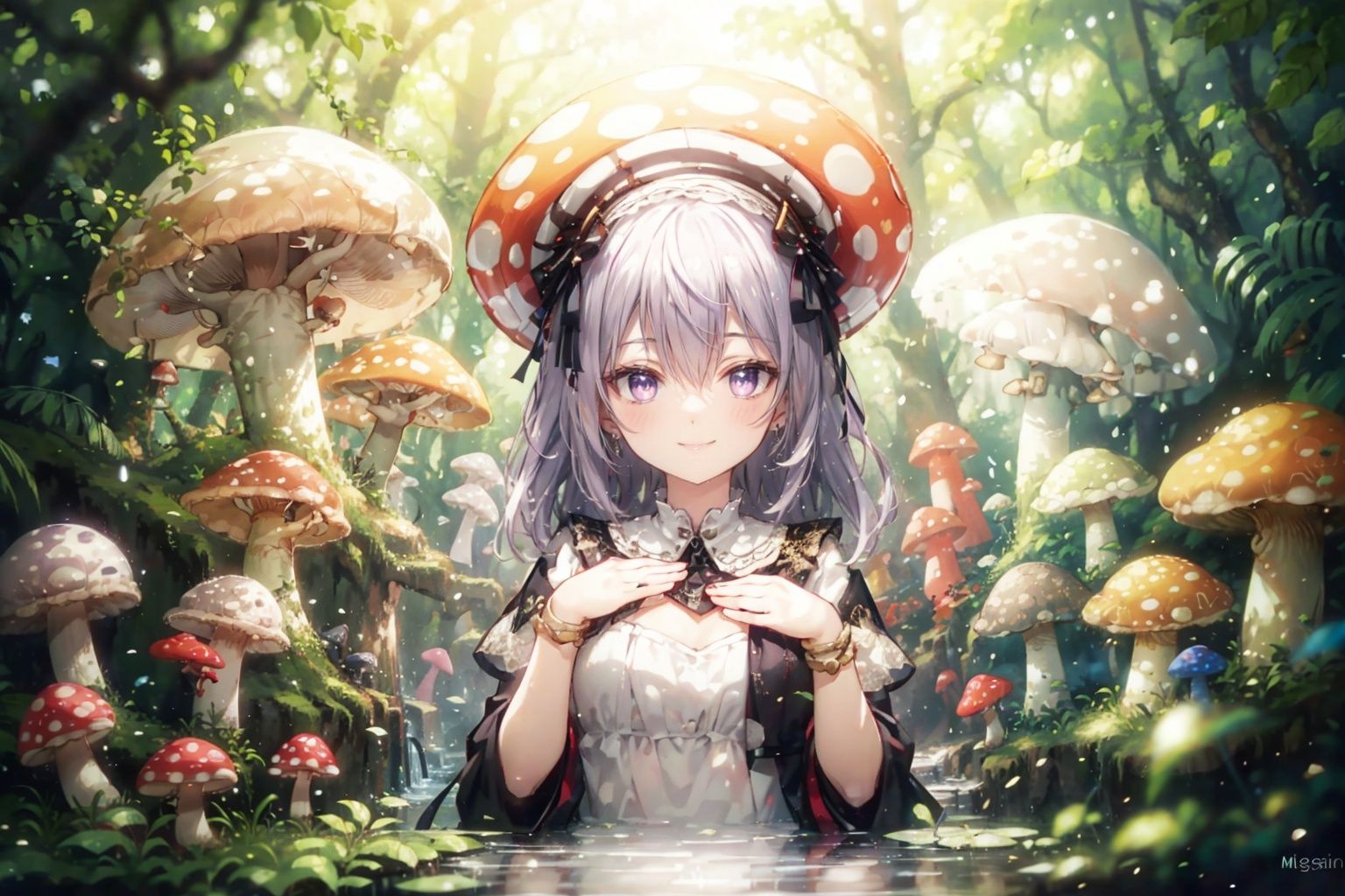  Forest after rain, Amazon rainforest, lots of tropical trees, palm trees, lots of giant mushrooms, lots of poison mushrooms, red and white spotted mushrooms, purple mushrooms, yellow mushrooms, white mushrooms, explosion mushrooms, charm mushrooms, fluorescent mushrooms(monsterification:1.3), (1 giant mushroom_girl, wearing Spotted dress, spotted mushroom hair), (spotted mushroom hat:1.2), (upper body), (cute face), beautiful eyes(detailed light), (extremely delicate and beautiful), volume light, best shadow, flash, Depth of field