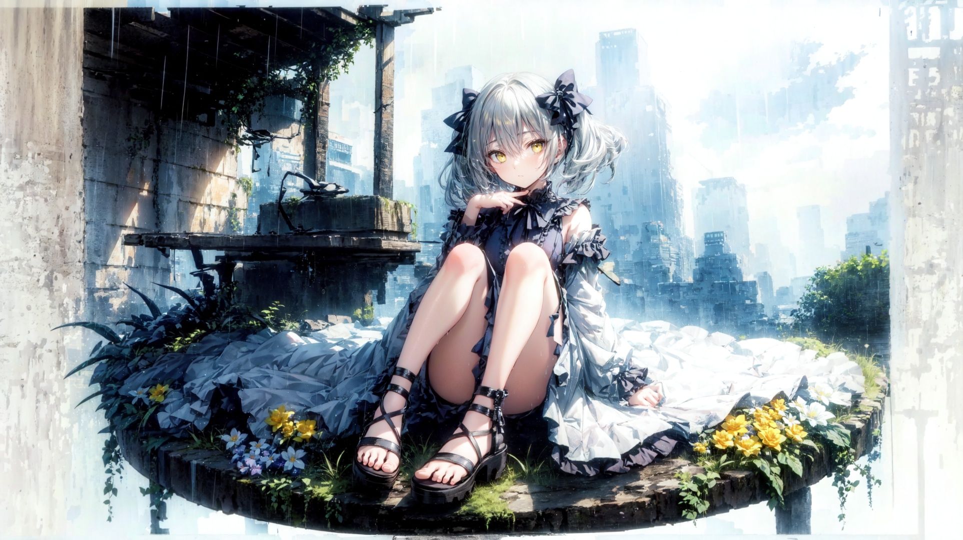  1girl,white hair,twin tails, yellow eyes,(depth of field),(sitting),(many colorful flowers),(full body,mid shot),panorama,cage,rainy,dark cloud,