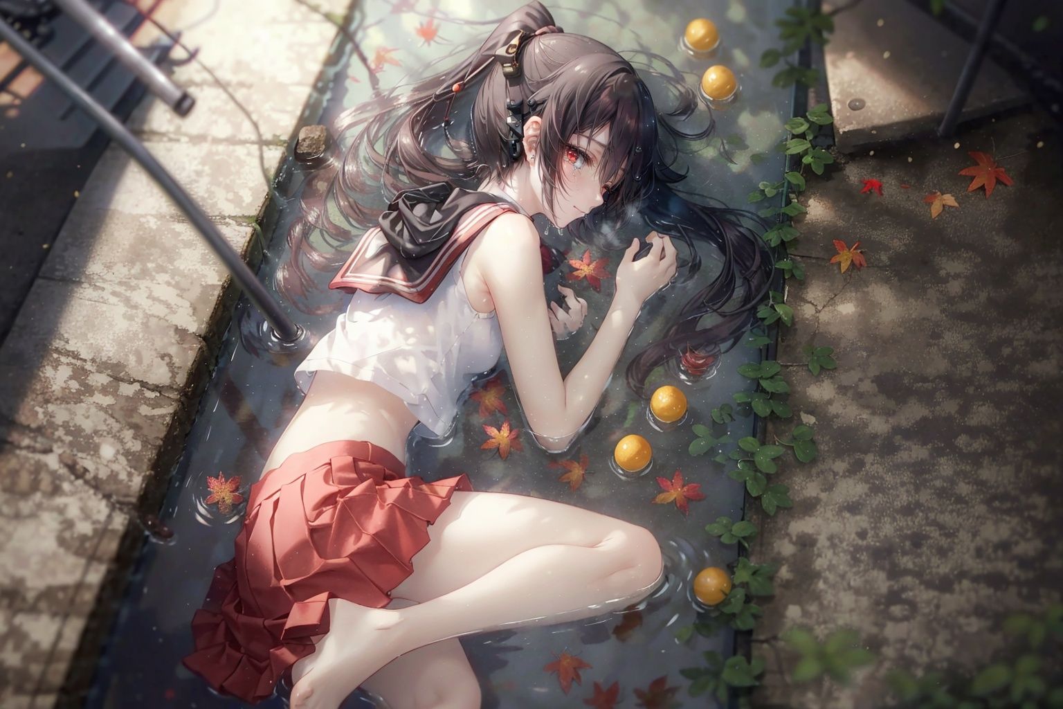  1girl,(yahagi),black hair,(long ponytail),half closed eyes, red eyes,open mouth,
/////////////
bare belly,sleeveless,white sailor suit,((red skirt)),bare feet
/////////////
strech one hand,((downfall,fall,lying)),(looking up,tears)
//////////////
Under water,gloomy,dark background,spotted light,bubbles,
//////////////
(From side),(mid shot,panorama) ((full body)),