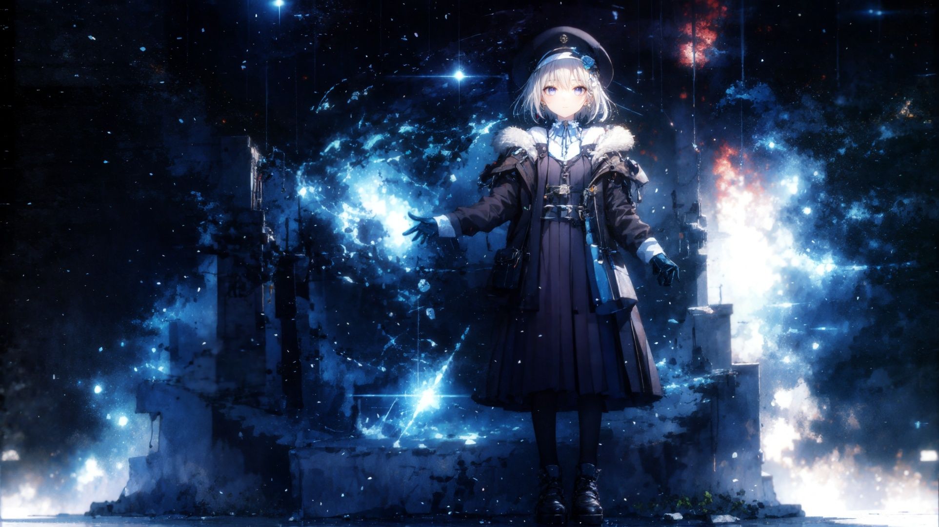  galaxy nebula, 1 girl, cowboy_shot,full body