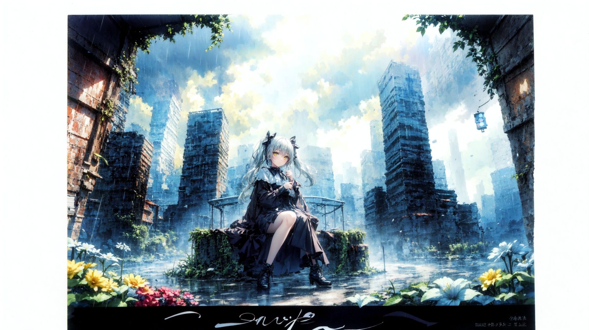  1girl,white hair,twin tails, yellow eyes,(depth of field),(sitting),(many colorful flowers),(full body,mid shot),panorama,cage,rainy,dark cloud,