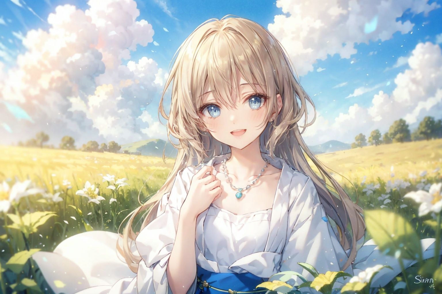  masterpiece, best quality,feena, necklace, white robes, short sleeves, sash, field, sky, looking at viewer, from above, sitting, on ground, smile, upper body, hand to heart