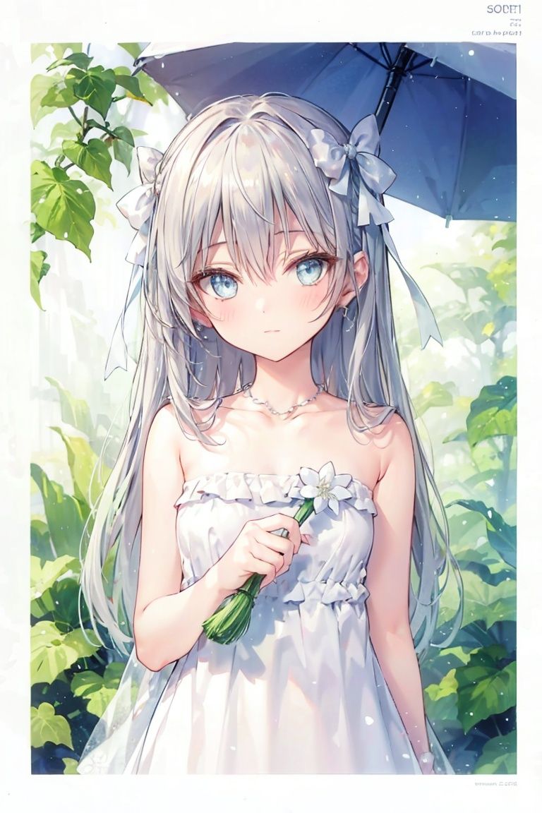 1girl, solo, dress, looking at viewer, long hair, holding, bangs, sleeveless, leaf, page number, bare shoulders, white dress, sleeveless dress, blue eyes, ribbon, closed mouth, collarbone, leaf umbrella, white ribbon, upper body, shiny, shiny hair, hair ribbon, simple background, blush, halterneck, artist name, hair between eyes, water drop, wings