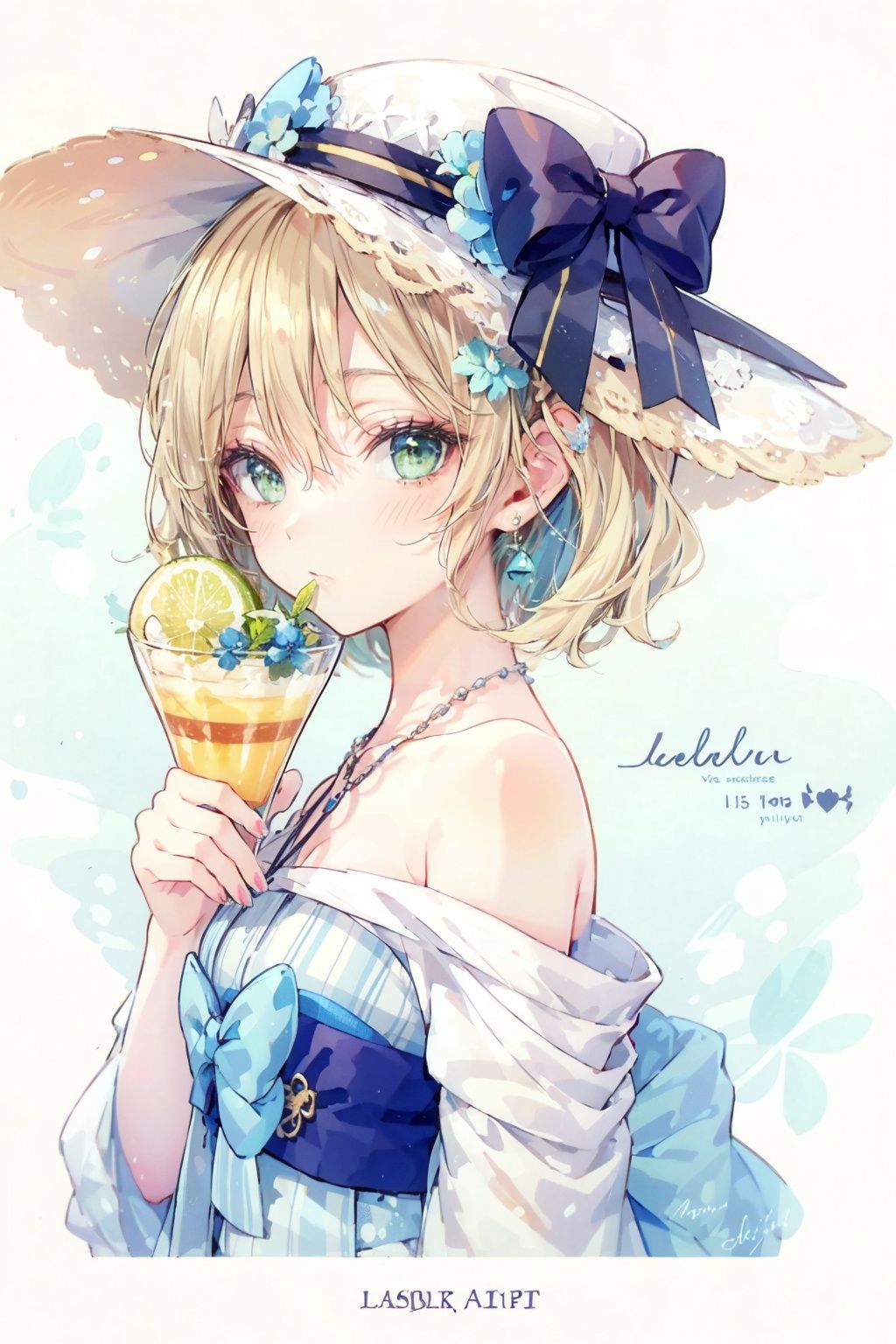  (masterpiece:1.2), best quality,PIXIV, Sweet girl portrait, 1girl, lemon, solo, lemon slice, hat, jewelry, blonde hair, blue eyes,earrings, cup, looking at viewer, flower, fruit, holding, bow, food, green eyes, bangs, bare shoulders, food-themed earrings, holding cup, drinking glass, white headwear, nail polish, polka dot, hat bow, off shoulder, short hair, white flower, blush, striped bow, portrait, english text, bubble, flower earrings, plaid, upper body, from side , Navia \(genshin impact\)