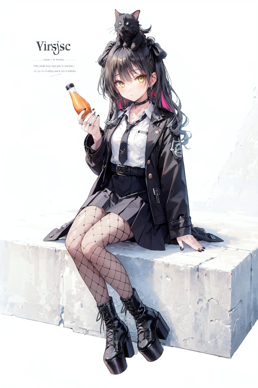  (masterpiece:1.2), best quality,PIXIV,Sweet girl ,1girl, fishnets, black hair, boots, long hair, black nails, skirt, shirt, solo, black footwear, bag, black skirt, jewelry, sitting, jacket, on head, black jacket, bangs, necktie, earrings, nail polish, white shirt, fishnet pantyhose, pantyhose, platform footwear, multicolored hair, looking at viewer, full body, bottle, own hands together, belt, jacket on shoulders, food, animal on head, black necktie, ring, choker, english text, collared shirt, grey eyes, platform boots, hat, cross-laced footwear, lace-up boots