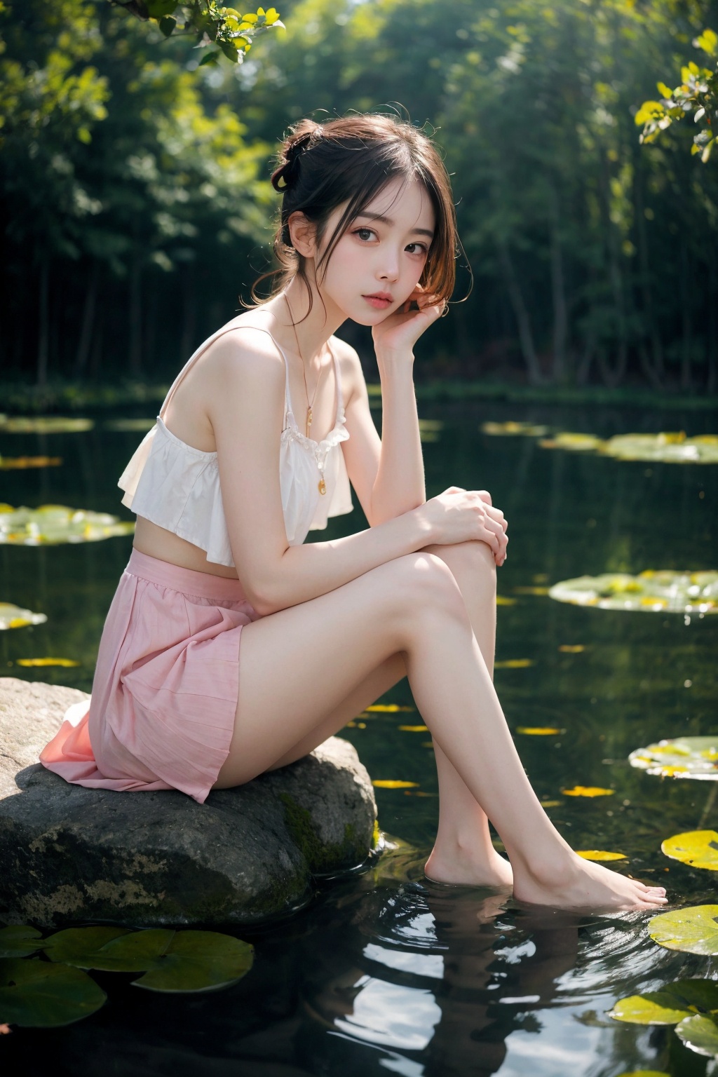 a girl sitting on a rock in the water,  fantasy art,  beautiful pink little alien girl by ArtAIAlchemy on Tensor.Art