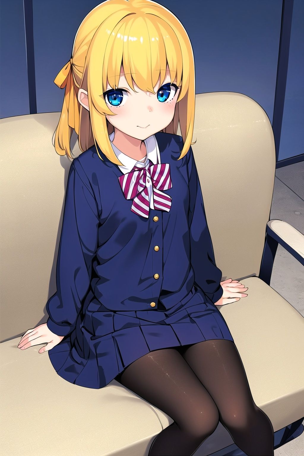 8k,masterpiece,finely detail,
1girl,solo,(((cute,petite,)))full body,cowboy_shot,
yellow_hair, blue_eyes, hair_ribbon, 
,school uniform,pantyhose,
sitting,
looking_at_viewer,happpy,closed mouth,