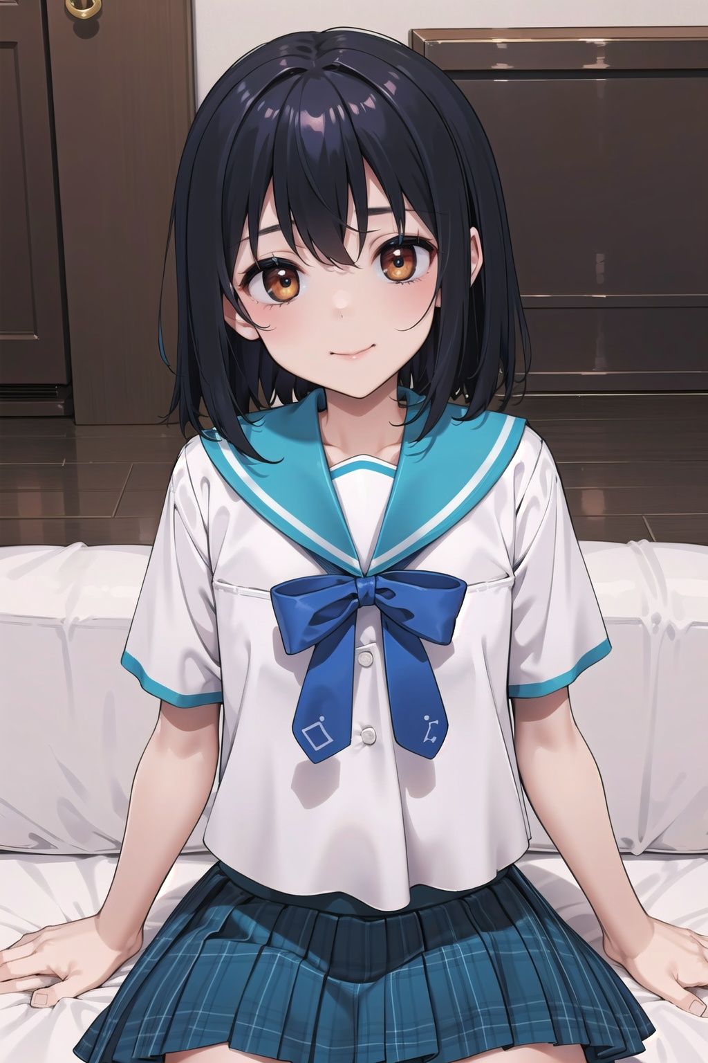  (masterpiece:1.2), best quality,
,1girl,upper body,indoor
 1girl yukina himeragi, short hair,serafuku, blue bow ,blue skirt, plaid skirt,
looking_at_viewer,light_smile,closed_mouth,
