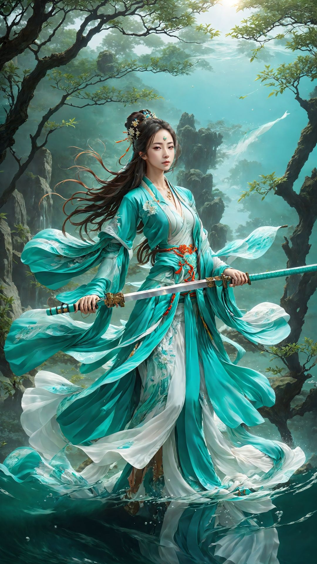 (Poster style: 1.5) (Ancient style Hanfu) (Color art) (Character and sword concept) (Hyper-realistic thick brush strokes: 1.5) (Intricate details) The sword posture of the immortal cultivator suspended in the lake is soft and like a dancer in the water. Her sword cut across the water, and the tip of the sword was immersed in the lake water, as if communicating intimately with the water element. Her face is filled with tranquility and harmony