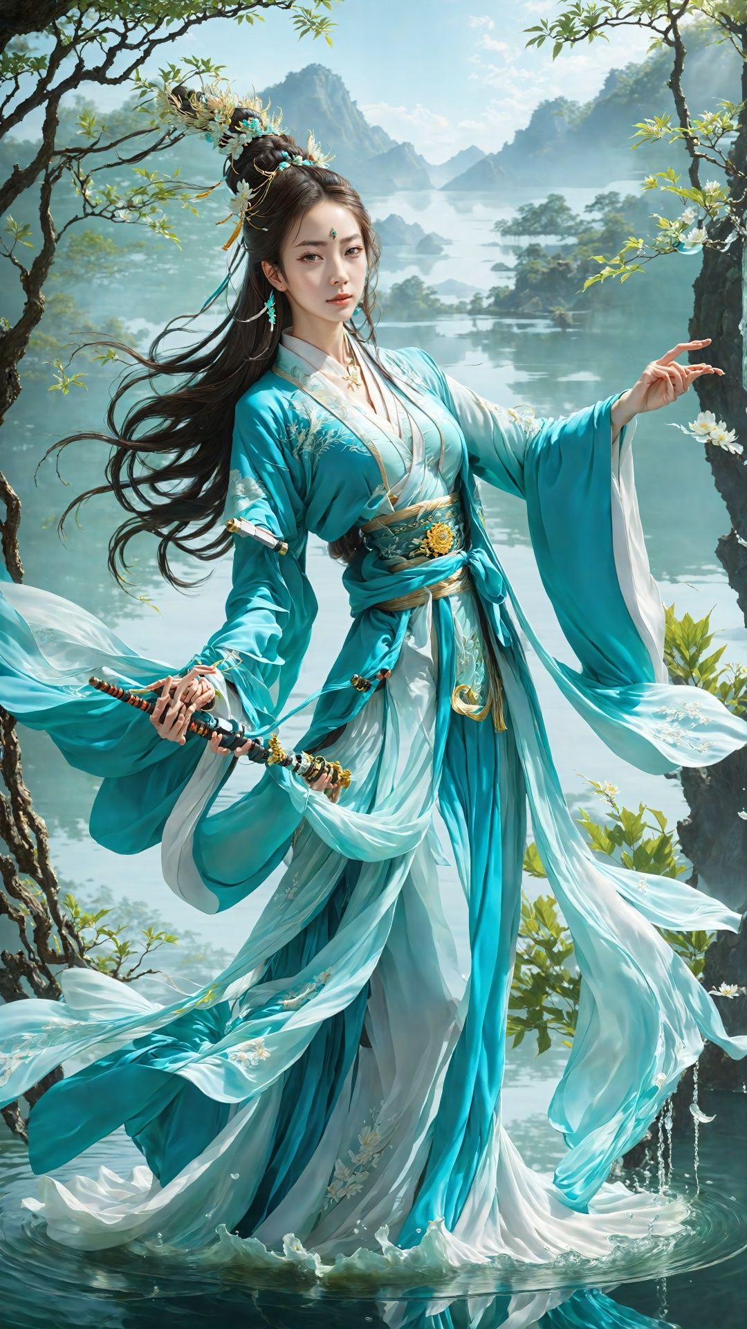 (Poster style: 1.5) (Ancient style Hanfu) (Color art) (Character and sword concept) (Hyper-realistic thick brushstrokes: 1.5) (Intricate details) The face of the immortal cultivator suspended in the lake is soft, like a water fairy. Her facial features are exquisite and her face is clear, like the reflection of a lake. She is wearing a clear blue water robe, which is as light as water waves and complements the clarity of the lake.