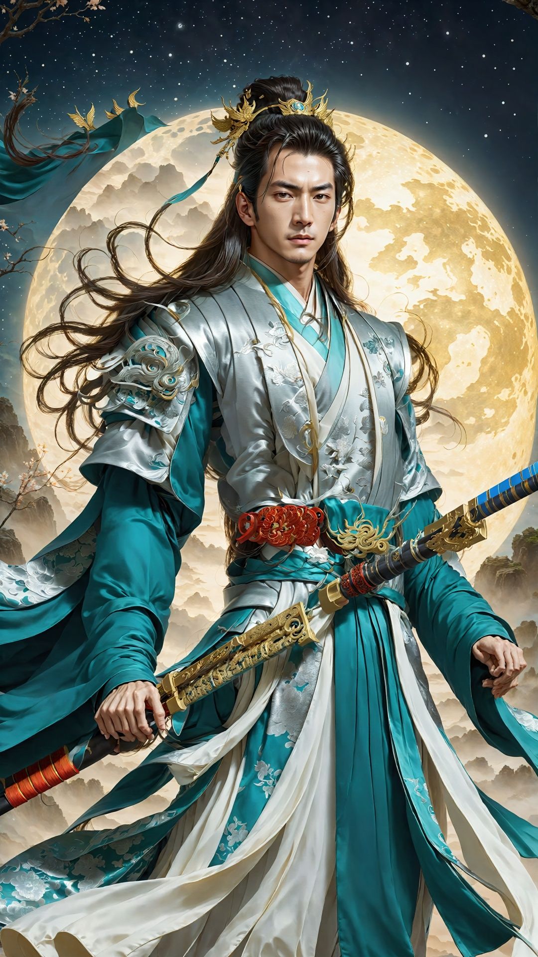 (Poster style: 1.5) (Ancient Hanfu) (Color art) (Character and sword concept) (Hyper-realistic thick brush strokes: 1.5) (Intricate details) The immortal cultivator has a handsome oval face, and the sword posture is solemn and mysterious. He raised his sword high above his head, the blade like a silver star pointing towards the stars in the night sky. His face showed an expression of concentration and pursuit of the mysteries of the universe