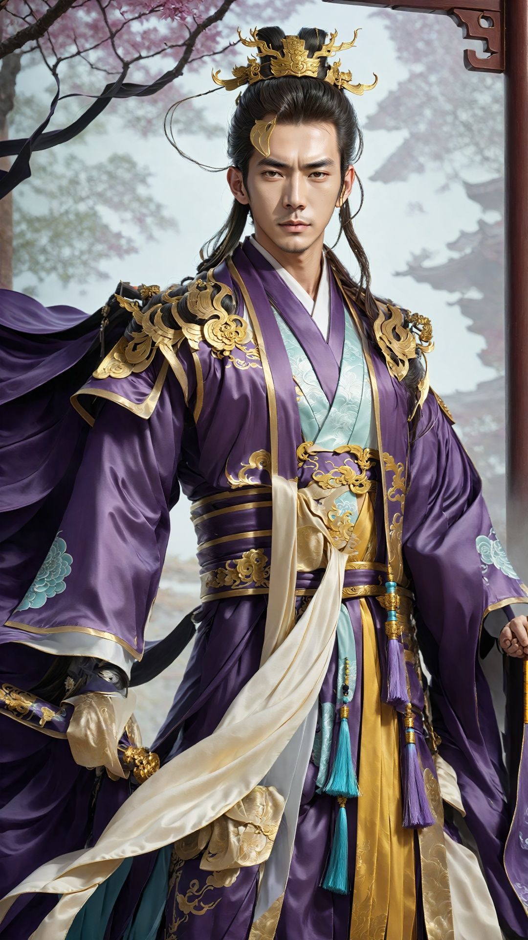 (Poster style: 1.5) (Ancient style Hanfu) (Color art) (Character and sword concept) (Hyper-realistic thick brushstrokes: 1.5) (Intricate details) The face of the cultivator in the temple is square, solemn and firm. His facial features are straight, and his brows reveal inner determination. He was wearing a dark purple mysterious Taoist robe decorated with golden fairy runes, highlighting a sacred atmosphere.