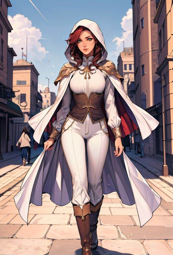 (masterpiece:1.2),(best quality:1.2),(highres:1.2),(incredibly absurdres),(absurdres),very_high resolution,original,intricate details,hyper detail,ultra-detailed,exquisite detailed,extremely delicate,illustration,(chromatic aberration),(film grain),(cinematic),(1girl),(solo),solo_focus,shiny hair,glossy hair,sharp_eyelid,eyeliner,eyelashes,eyeshadow,mature female,tall female,(perfect detailed face),lips,(lipgloss),glossy skin,shiny skin,feminine proportions,skinny,toned,narrow waist,slim,wide hips,curvy,large_breasts,perky_breasts,long legs,(detailed beautiful scene),scenery,landscape,UHD wallpaper,HDR,sharpened,sharpen,8k unity render,octane render,artstation,concept art,global illumination,studio light,volumetric light,bokeh,dramatic light,blurry,blurry background,wavy hair,messy hair,forehead,parted bangs,red hair,hair behind ear,medieval,tower,(fantasy),macro city,(fairyland),cityscape,Jerusalem,Constantinople,mosque,medieval city,downtown,street,(walking on street),green eyes,brown boots,(white cloak),cloak cover body,white hood,walking,looking away,capelet,cloak,hooded cloak,hood up,short hair,long sleeves,wrist guards,white shirt,thief,frilled shirt,high collar,tight pants,black_pants,boots,market,market stall,shop,stone floor,string of flags,mountain,(crowd),wide shot,square,european city,outdoors,clear sky,cloud,sunlight,<lora:oda non 03:0.8>,