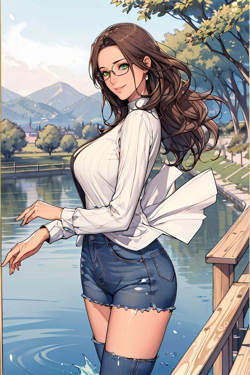 (masterpiece),(best quality),highres,incredibly absurdres,absurdres,very_high resolution,original,intricate details,hyper detail,ultra-detailed,exquisite detailed,extremely delicate,illustration,chromatic aberration,film grain,cinematic,bokeh,caustics,emphasis lines,extremely detailed CG,unity 8k wallpaper,(1girl),shiny hair,glossy hair,sharp_eyelid,eyeliner,eyelashes,eyeshadow,tall female,mature female,*******,perfect detailed face,lips,(lipgloss),feminine proportions,skinny,toned,slim,wide hips,curvy,large_breasts,perky_breasts,shiny skin,glossy skin,(long legs),cropped legs,cowboy shot,knee,(detailed beautiful scene),scenery,landscape,bloom,picturesque,UHD wallpaper,HDR,global illumination,volumetric light,wavy hair,forehead,parted bangs,lateral view,long hair,hair behind ear,brown hair,(floating hair:1.2),green eyes,smile,light smile,grin,jeans,buttons,long sleeves,white blouse,earrings,knee boots,black footwear,smartwatch,flower,sunlight,park,plant,nature,outdoors,lake,pavement,mountainous horizon,clear sky,motion blur,waves,tree,(round eyewear),glasses,circle-glasses,<lora:oda non 03:0.8>,