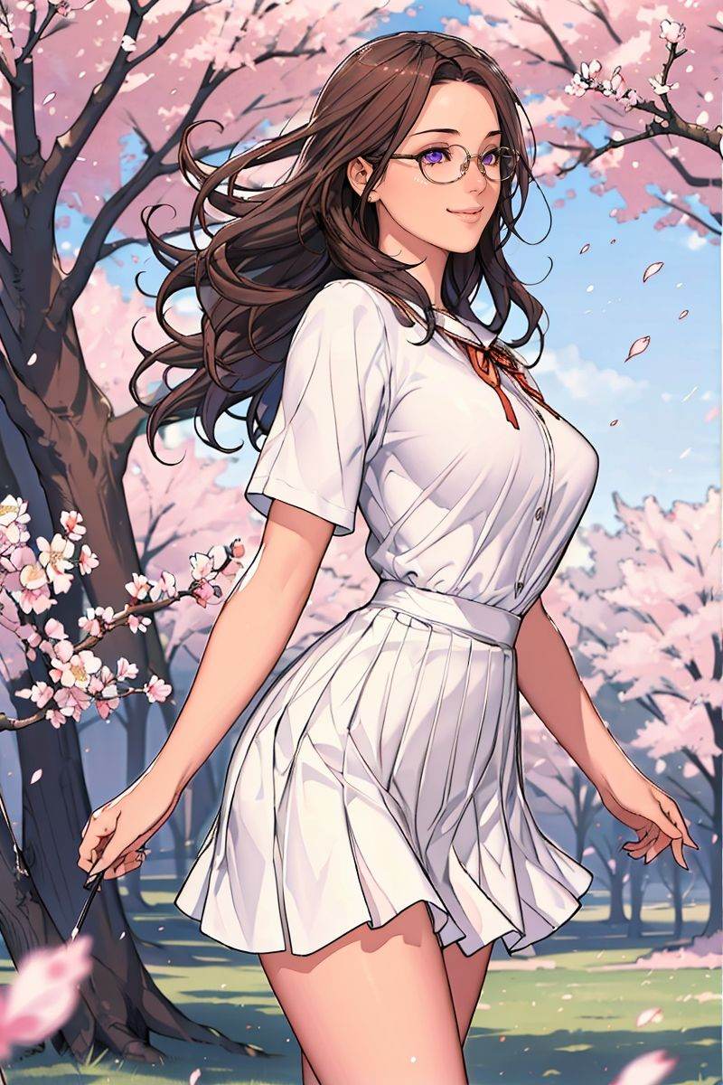 (masterpiece),(best quality),highres,incredibly absurdres,absurdres,very_high resolution,original,intricate details,hyper detail,ultra-detailed,exquisite detailed,extremely delicate,illustration,chromatic aberration,film grain,cinematic,bokeh,caustics,emphasis lines,extremely detailed CG,unity 8k wallpaper,(1girl),shiny hair,glossy hair,sharp_eyelid,eyeliner,eyelashes,eyeshadow,tall female,mature female,*******,perfect detailed face,lips,(lipgloss),feminine proportions,skinny,toned,slim,wide hips,curvy,large_breasts,perky_breasts,shiny skin,glossy skin,(long legs),cropped legs,cowboy shot,knee,(detailed beautiful scene),scenery,landscape,bloom,picturesque,UHD wallpaper,HDR,global illumination,volumetric light,wavy hair,forehead,parted bangs,lateral view,long hair,brown hair,(floating hair:1.2),motion blur,dynamic pose,looking away,running,purple eyes,smile,grin,bare legs,sailor collar,white shirt,pleated skirt,grey skirt,short sleeves,neck ribbon,outdoors,tree,day,sunlight,grass,plum blossoms,cherry blossoms,road,nature,(round eyewear),glasses,circle-glasses,<lora:oda non 03:0.8>,