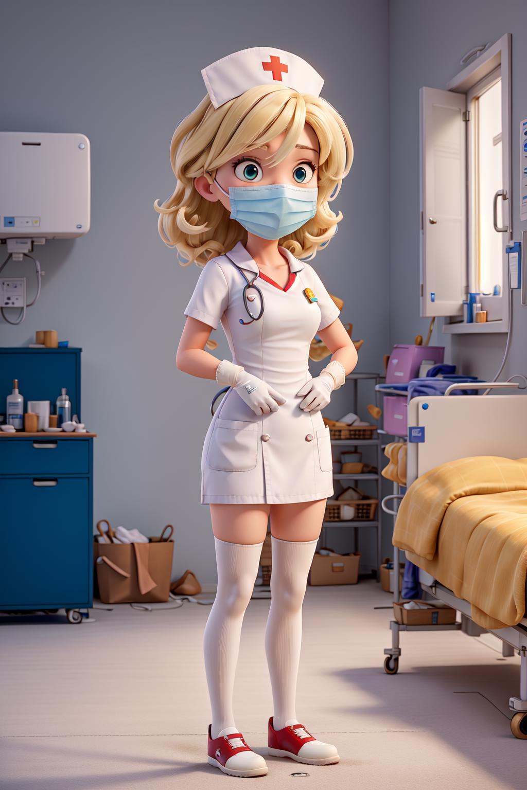 masterpiece,  best quality,  blonde Female nurse with a surgical mask putting on gloves at hospital on Tensor.Art