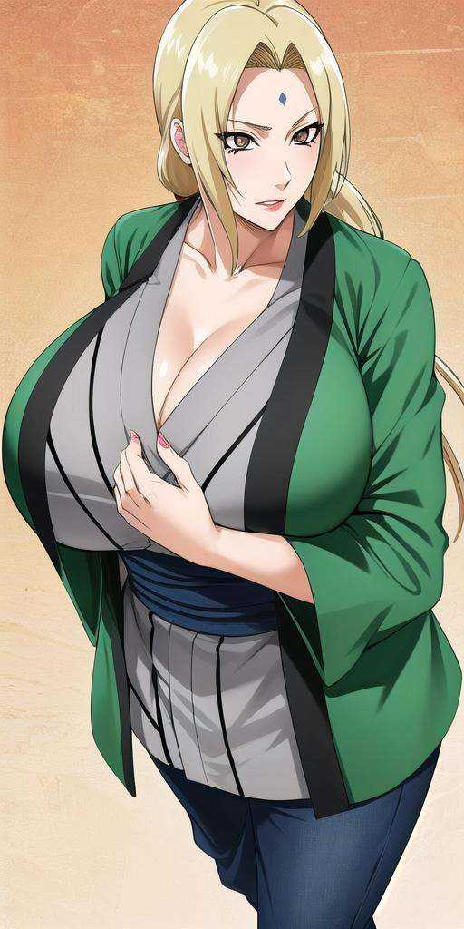 <lora:Senju_TsunadeV3:0.7> senju_tsunade, huge_breasts, Grey_short_kimono_Blue_obi_Blue_pants_Green_haori, masterpiece, best quality, detailed face, detailed eyes, highres,
