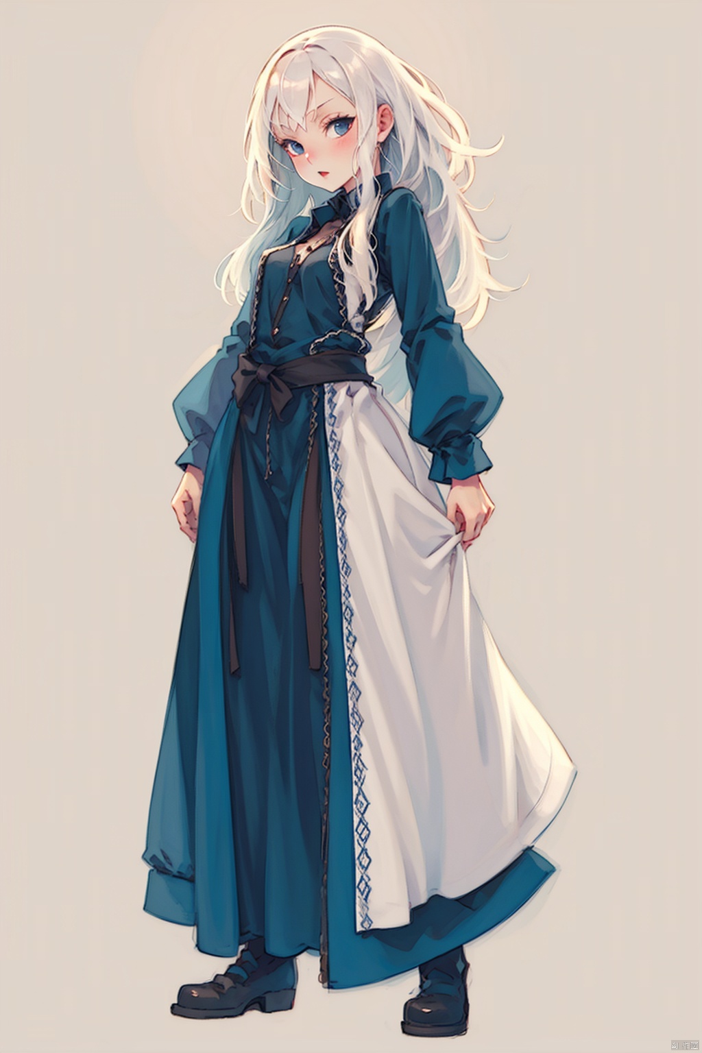  cowboy shot,1girl,solo.long white hair,long dress,simple background,