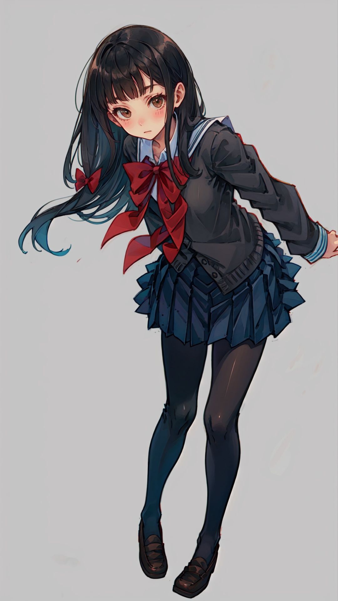  1girl, solo, pantyhose, skirt, long hair, loafers, shoes, simple background, school uniform, brown eyes, plaid, black pantyhose, plaid skirt, looking at viewer, black hair, pantyhose pull, full body, clothes pull, black footwear, pleated skirt, leaning forward, bangs, long sleeves, bent over, cardigan, bow, bowtie, standing, closed mouth, pulled by self, grey background, blush, miniskirt, red bow, sweater, **********, cuteloli