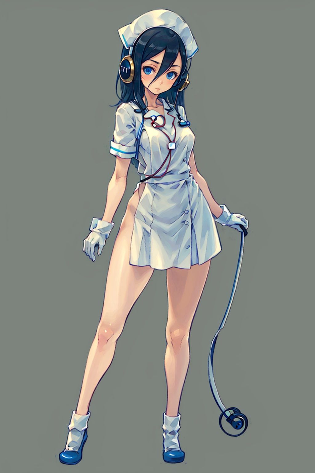  1girl\( nurse, (expressionless eyes, big black headphones:1.4), (beautiful face, beautiful detail face, cute and delicate face, delicate face, perfect face, golden ratio, golden ratio face:1.1), (black hair, hair over shoulder, two side up hair, hair between eyes:1.3), (dark blue eyes:1.2), (extreme detailed eyes, beautiful detailed eyes:1.1), (white nurse uniform, white nurse cap, white glove:1.2) \), perfect body, breasts, large breasts, slender waistline, slim legs, (high detail skin, natural skin texture, real skin texture:1.1), yuzu, (high resolution, 8k, incredible quality, best quality, ultra-detailed, highly detailed, masterpiece:1.2), illustration, PIXIV, solo, full body, (perfect hands, perfect anatomy:1.3), 

nurse office, hospital,