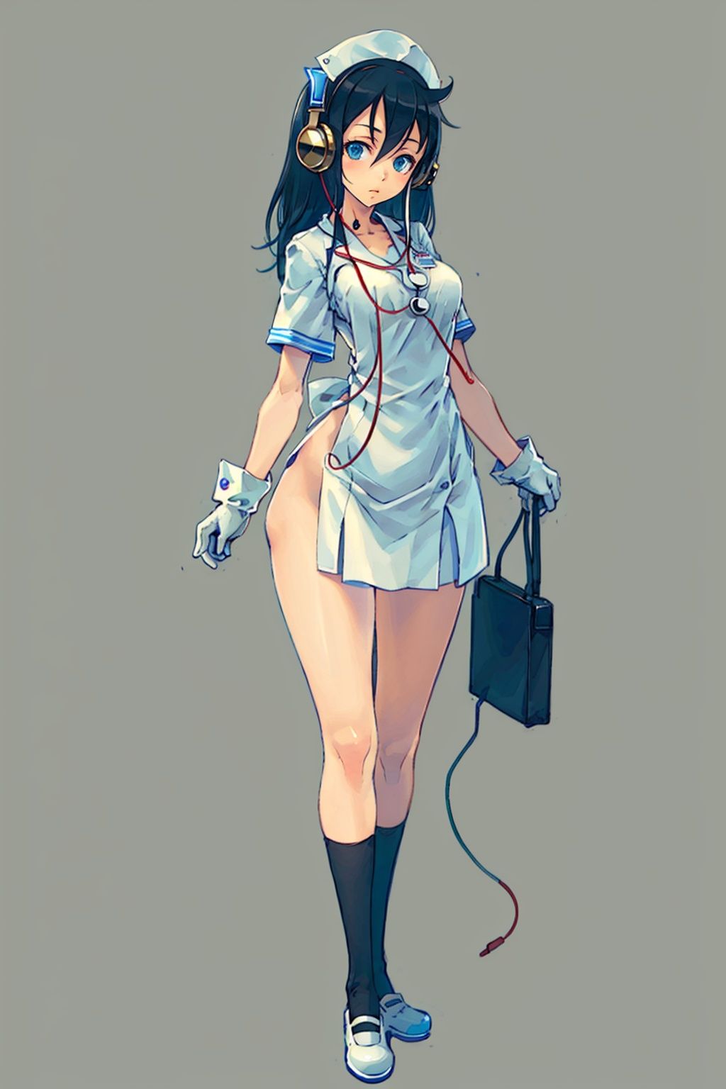  1girl\( nurse, (expressionless eyes, big black headphones:1.4), (beautiful face, beautiful detail face, cute and delicate face, delicate face, perfect face, golden ratio, golden ratio face:1.1), (black hair, hair over shoulder, two side up hair, hair between eyes:1.3), (dark blue eyes:1.2), (extreme detailed eyes, beautiful detailed eyes:1.1), (white nurse uniform, white nurse cap, white glove:1.2) \), perfect body, breasts, large breasts, slender waistline, slim legs, (high detail skin, natural skin texture, real skin texture:1.1), yuzu, (high resolution, 8k, incredible quality, best quality, ultra-detailed, highly detailed, masterpiece:1.2), illustration, PIXIV, solo, full body, (perfect hands, perfect anatomy:1.3), 

nurse office, hospital,