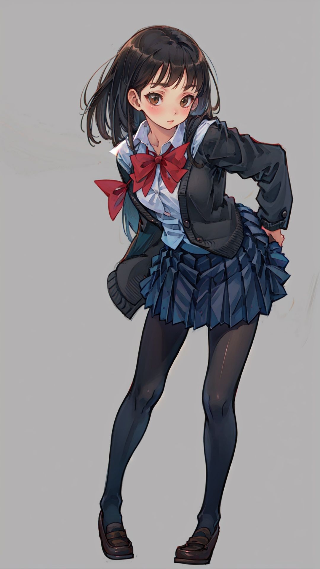  1girl, solo, pantyhose, skirt, long hair, loafers, shoes, simple background, school uniform, brown eyes, plaid, black pantyhose, plaid skirt, looking at viewer, black hair, pantyhose pull, full body, clothes pull, black footwear, pleated skirt, leaning forward, bangs, long sleeves, bent over, cardigan, bow, bowtie, standing, closed mouth, pulled by self, grey background, blush, miniskirt, red bow, sweater, **********, cuteloli