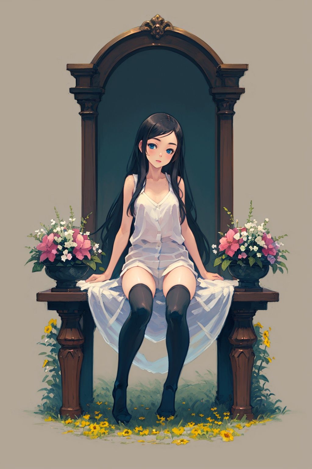 1girl, sitting flowers garden , <lora:AsLoli-000008:0.6> solo, asloli, 1girl, simple background, blue eyes, long hair, thighhighs, (((masterpiece,best quality))),((good structure,Good composition,good atomy)), ((clear, original,beautiful)),