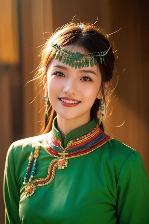 masterpiece, best quality, highres, photorealistic, realistic,1girl, pale skin, mongolian_style, light green clothes, (hair ornament), pearl, looking at viewer, smile, light on face, <lora:mongolian:0.8>