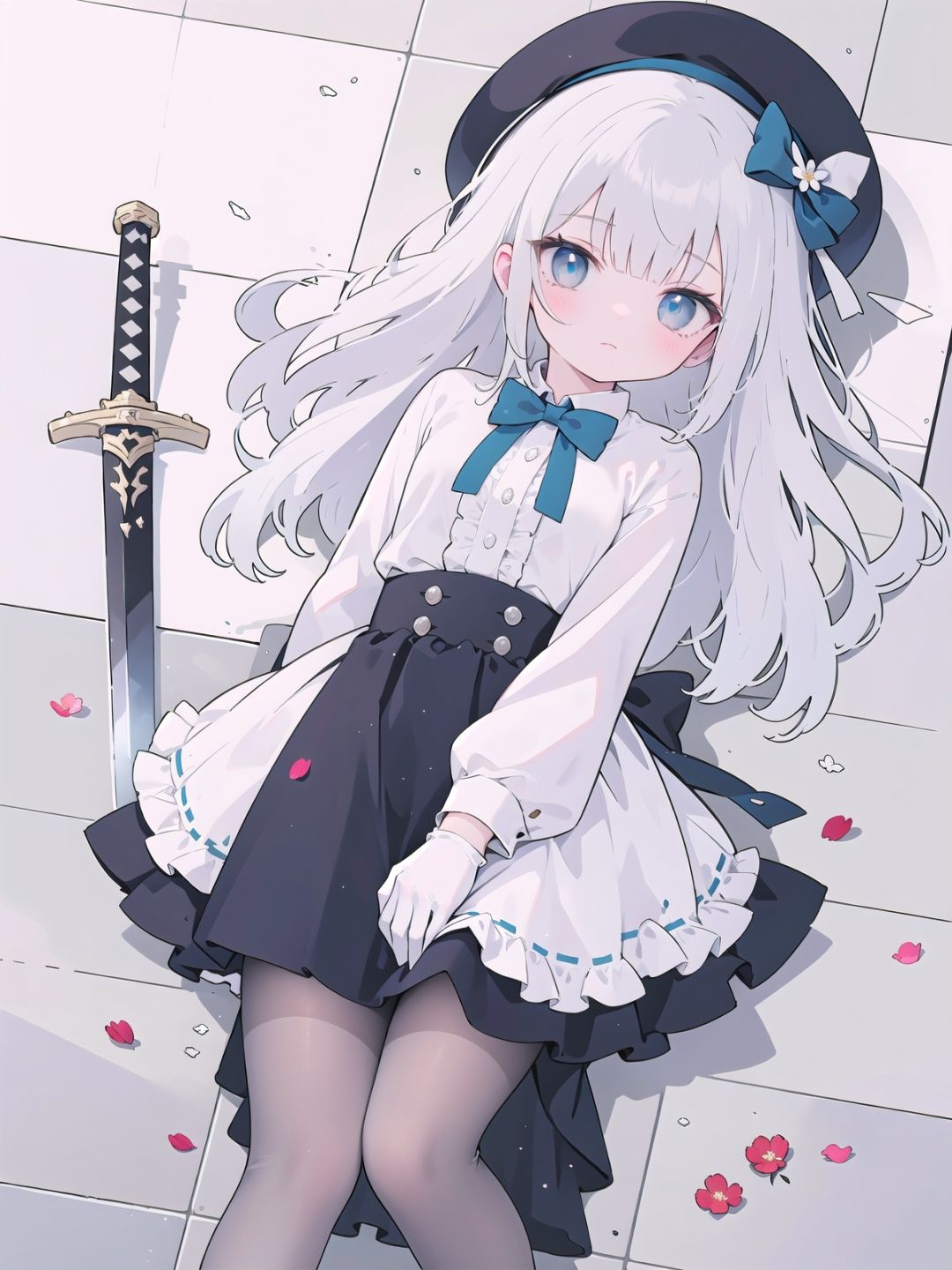 1girl, solo, long hair, flower, hat, on back, looking at viewer, headwear removed, lying, gloves, hat removed, from above, bow, pantyhose, white gloves, skirt, weapon, long sleeves, blue eyes, ribbon, sword, black pantyhose, frills, bowtie, bangs, frilled skirt, grey hair, braid, shirt, white bow, tile floor, closed mouth, dress