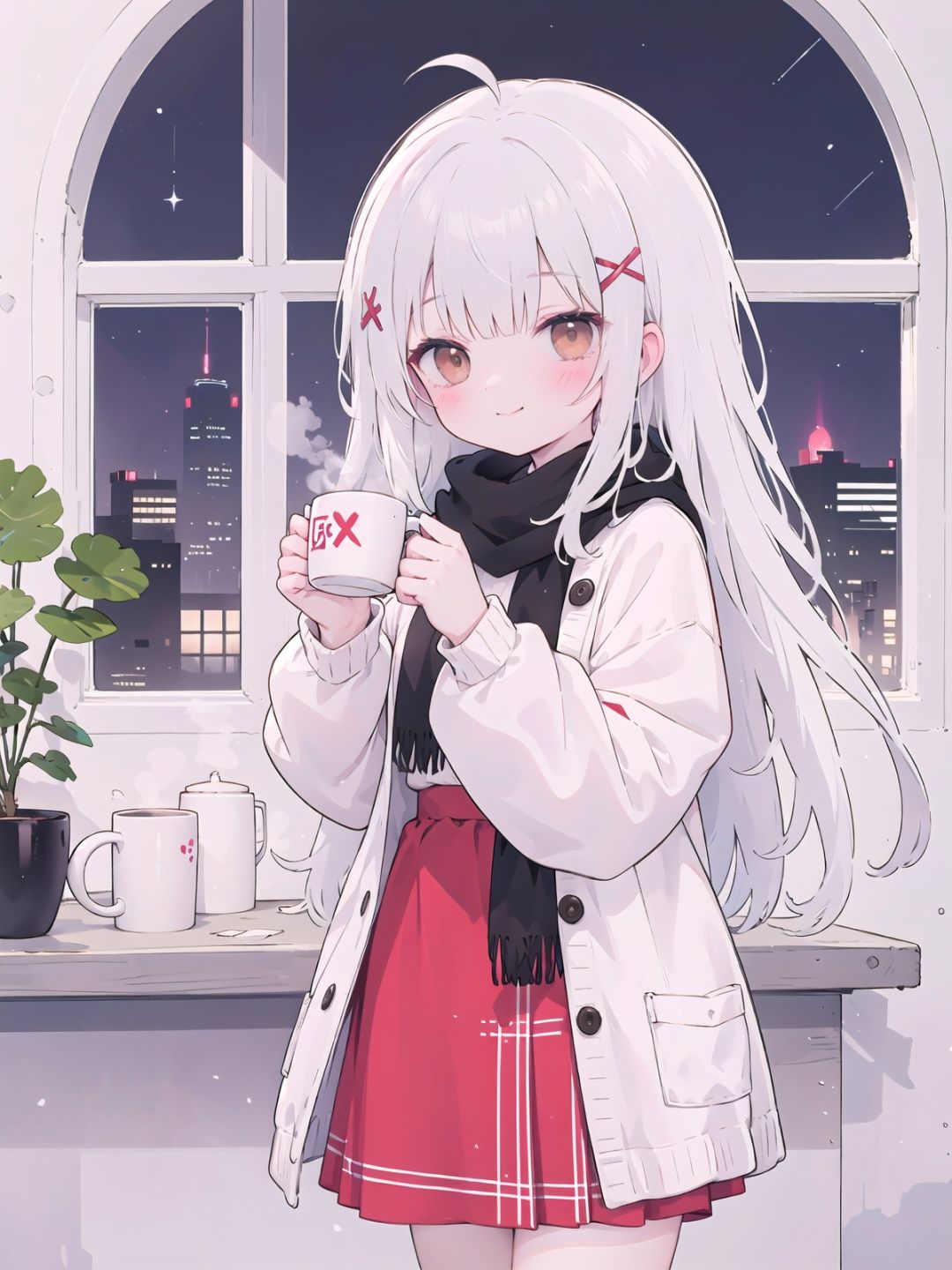 1girl, skirt, cup, long hair, solo, holding, holding cup, looking at viewer, sweater, hair ornament, bangs, night, long skirt, scarf, mug, long sleeves, brown eyes, plaid, ahoge, window, plaid skirt, blush, standing, hairclip, white sweater, building, turtleneck, closed mouth, very long hair, turtleneck sweater, indoors, fringe trim, coffee mug, jacket, white hair, x hair ornament, red skirt, outdoors, hands up, smile, grey hair
