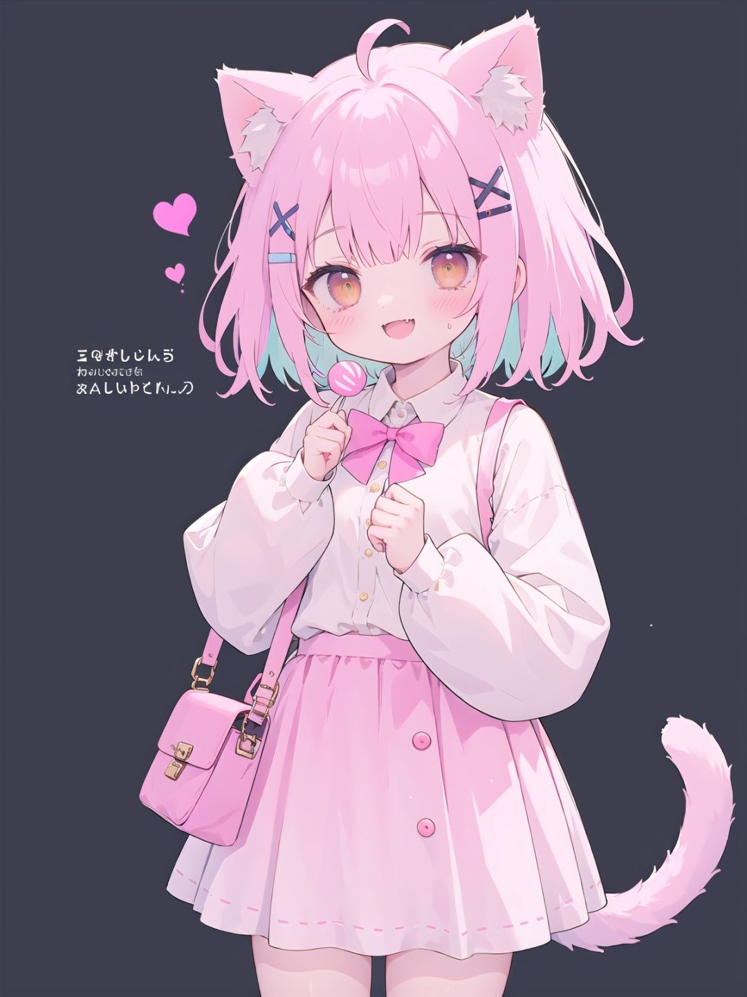 1girl, animal ears, solo, food, tail, cat ears, hair ornament, smile, cat tail, bag, long sleeves, black hair, blush, fang, heart, candy, skirt, looking at viewer, cat girl, animal ear fluff, holding, simple background, multicolored hair, ahoge, short hair, open mouth, bangs, lollipop, shirt, holding food, x hair ornament, shoulder bag, :d, brown eyes, skin fang, pink hair, puffy long sleeves, two-tone hair, yellow eyes, pink skirt, pleated skirt, hairclip, puffy sleeves, blue hair, pink shirt, pink bag