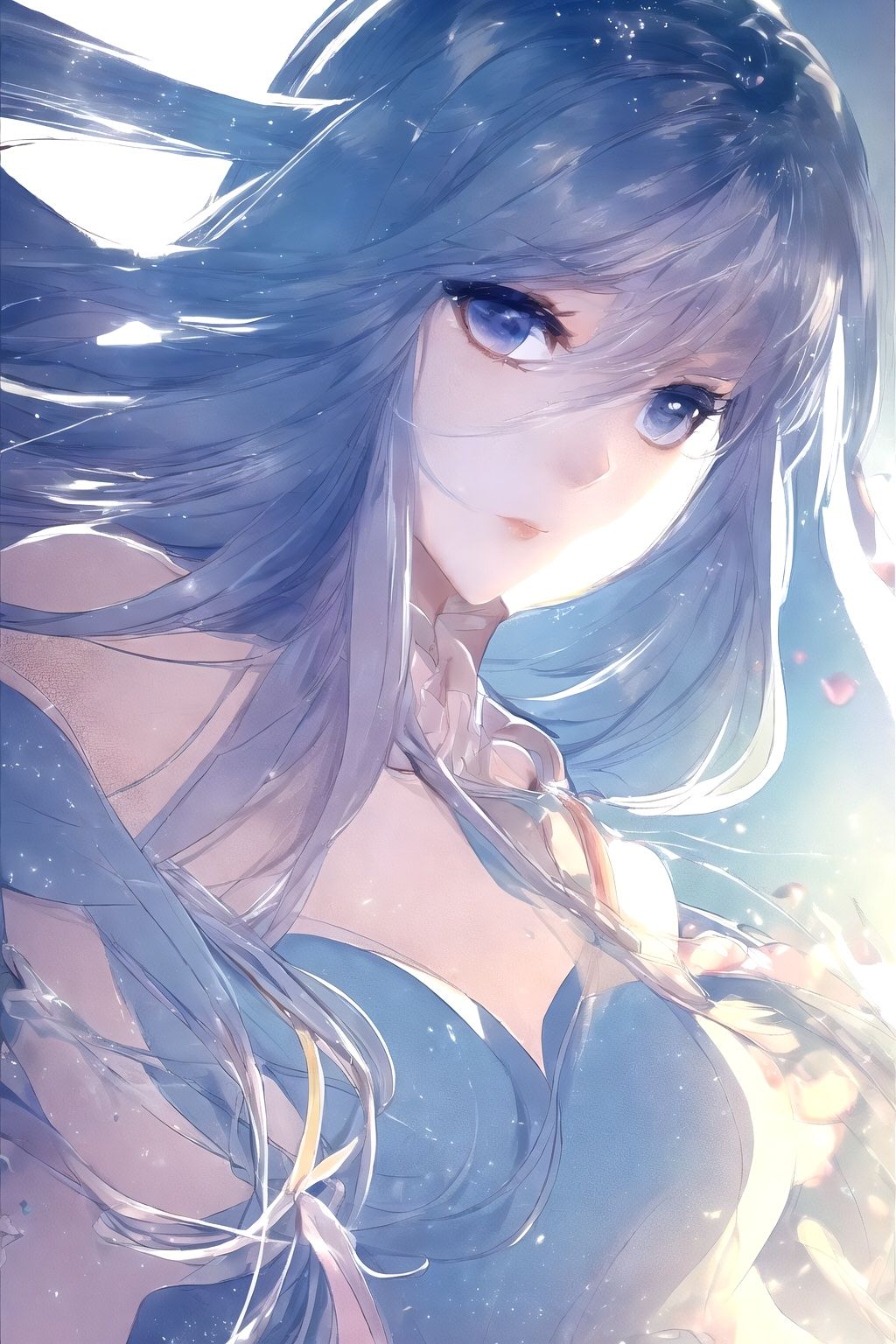 crystalstexture skin,best quality,masterpiece,ultra detailed,8k,RAW photo,
realistic,photorealistic,ultra-detailed,intricate detail,extremely detailed cg 8k wallpaper,
delicate pattern,
masterpiece,best quality,
ultra realistic 8k cg,masterpiece,(looking at viewer:1.1),
1girl,solo,blue_eyes,long_hair,blue hair,bare_shoulders,dress,multicolored_hair,detached_sleeves,facial_mark,forehead_mark,blue_dress,hair_ornament,detached_collar
