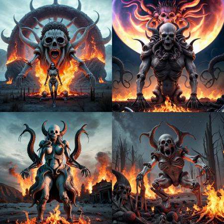 lvcrftn AND impaled skeletons,  screaming woman,  trees on fire on Tensor.Art