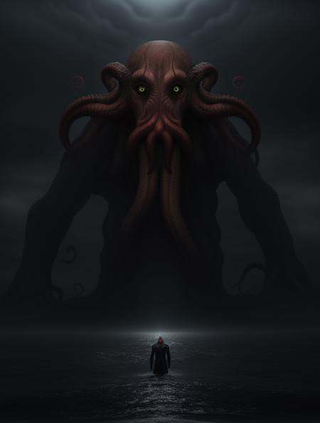 lvcrftn AND giant cthulhu looming,  glowing eyes,  misty horizon AND on Tensor.Art