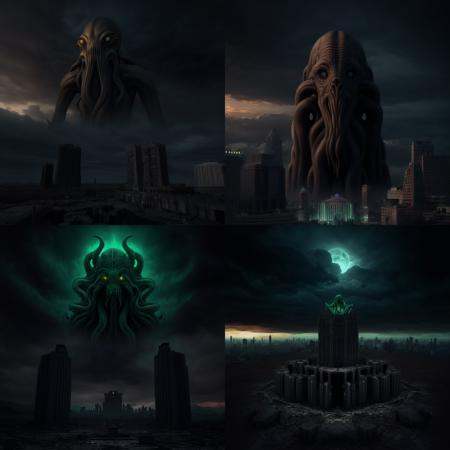 lvcrftn AND horror,  city ruins,  cthulhu looming over horizon on Tensor.Art