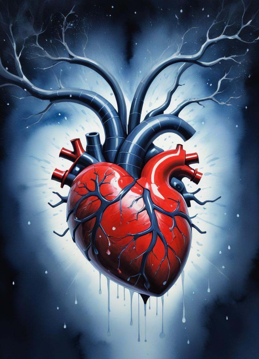 Space-themed a close up of a heart with a line of blood on it,  connected to heart machines,  anatomical heart on Tensor.Art