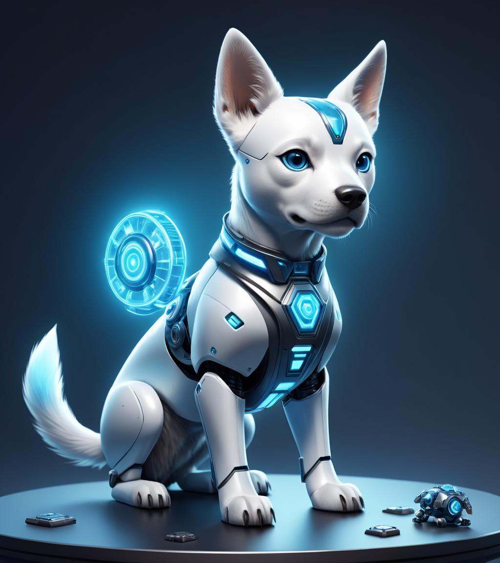 ethereal fantasy concept art of there is a robot dog sitting on a table with a blue collar,  isometric 3d fantasy cute dog...