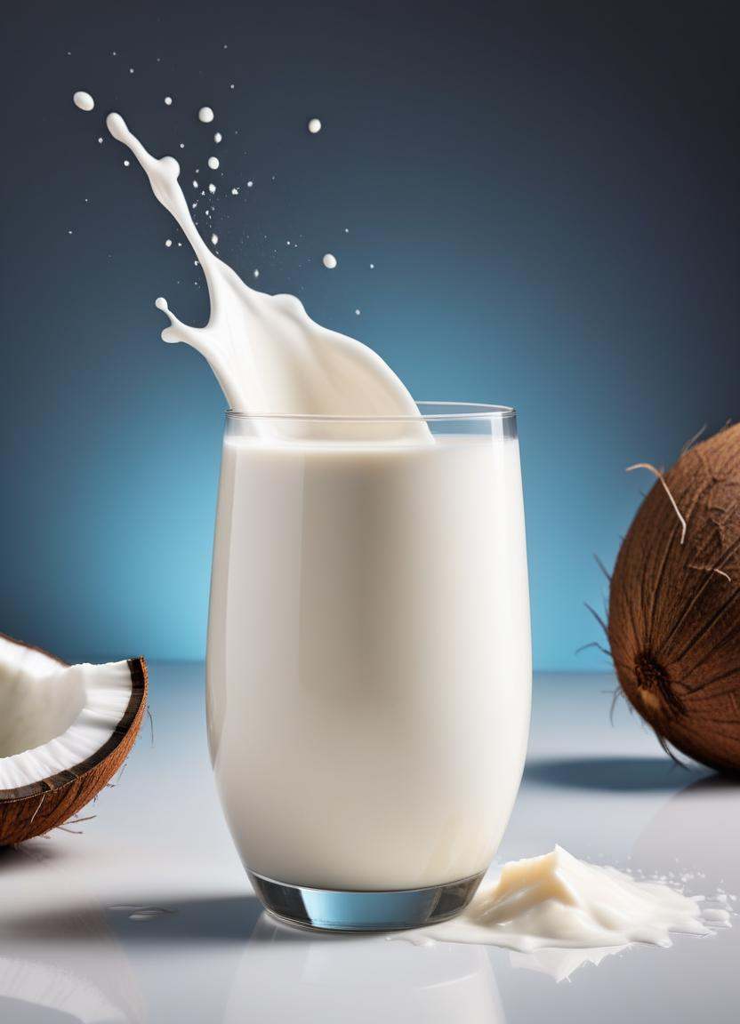 Tilt-shift photo of coconut milk in a glass next to a half eaten coconut,  soymilk,  coconuts on Tensor.Art