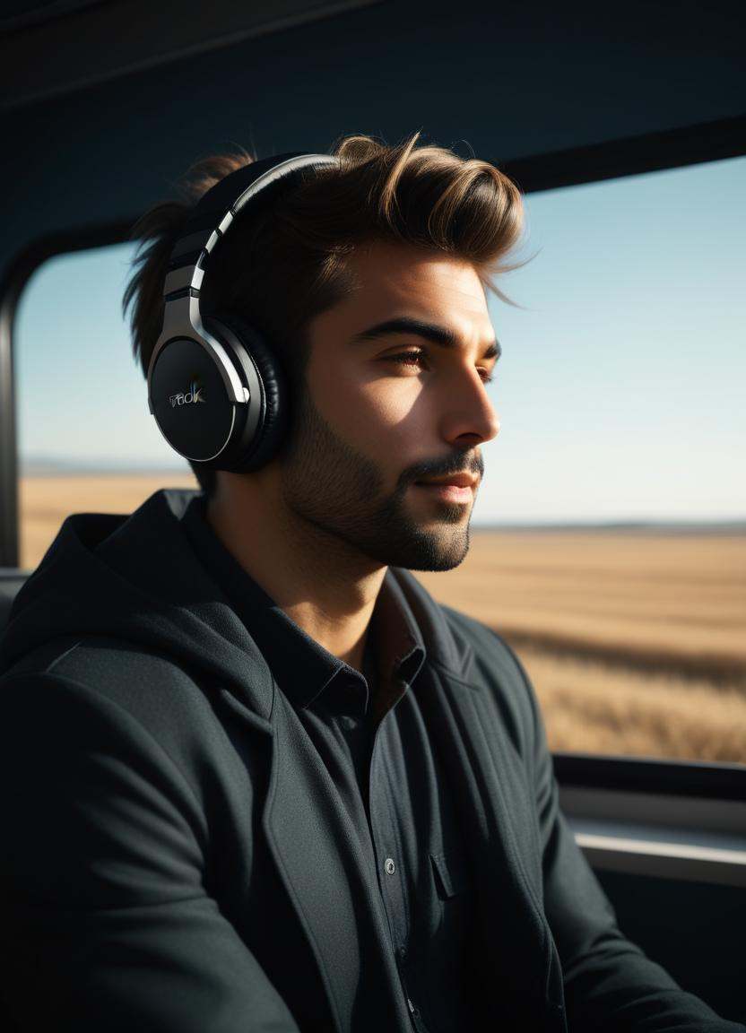 3D papercut shadow box of arafed man with headphones on sitting in a bus,  listening to music,  headphones on on Tensor.Art