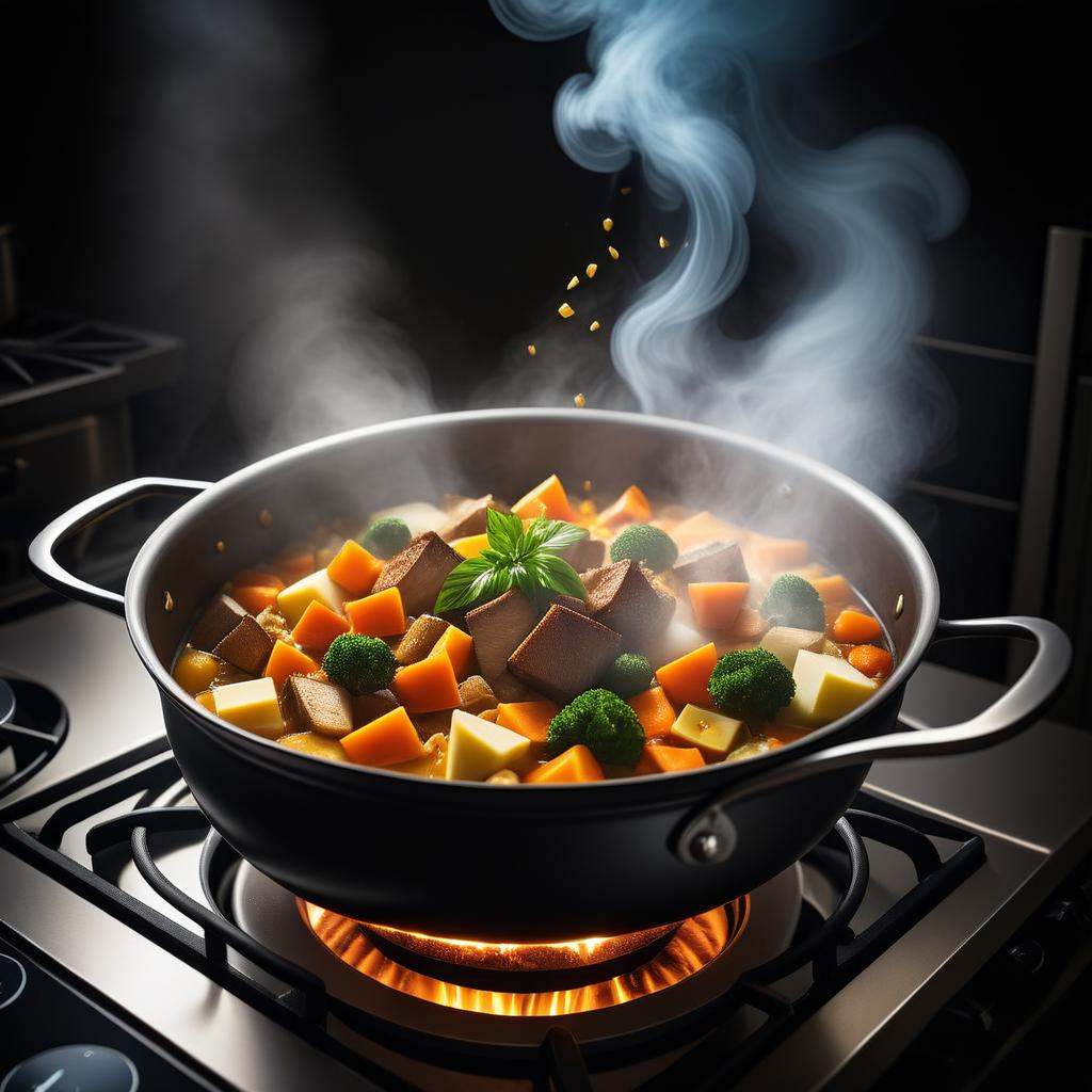 Fairy tale there are many pots of food that are being cooked on the stove,  steaming food on the stove,  4 k food photogra...